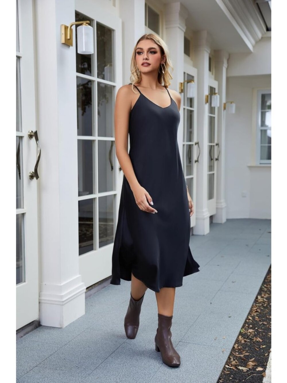 Satin Midi Slip Dress with V-Neck, Spaghetti Straps & Side Slits - Evening - Picture 3 of 6